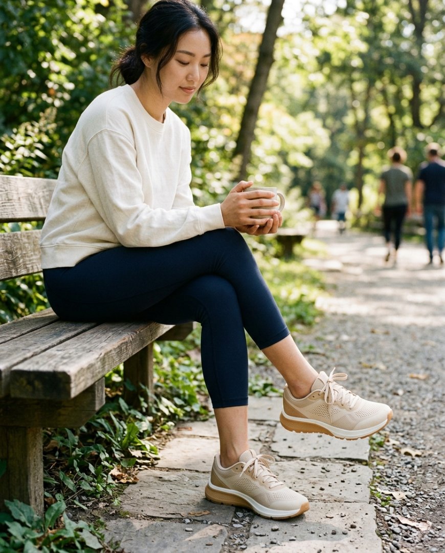 데님 팬츠와 스니커즈로 연출한 주말 스타일.