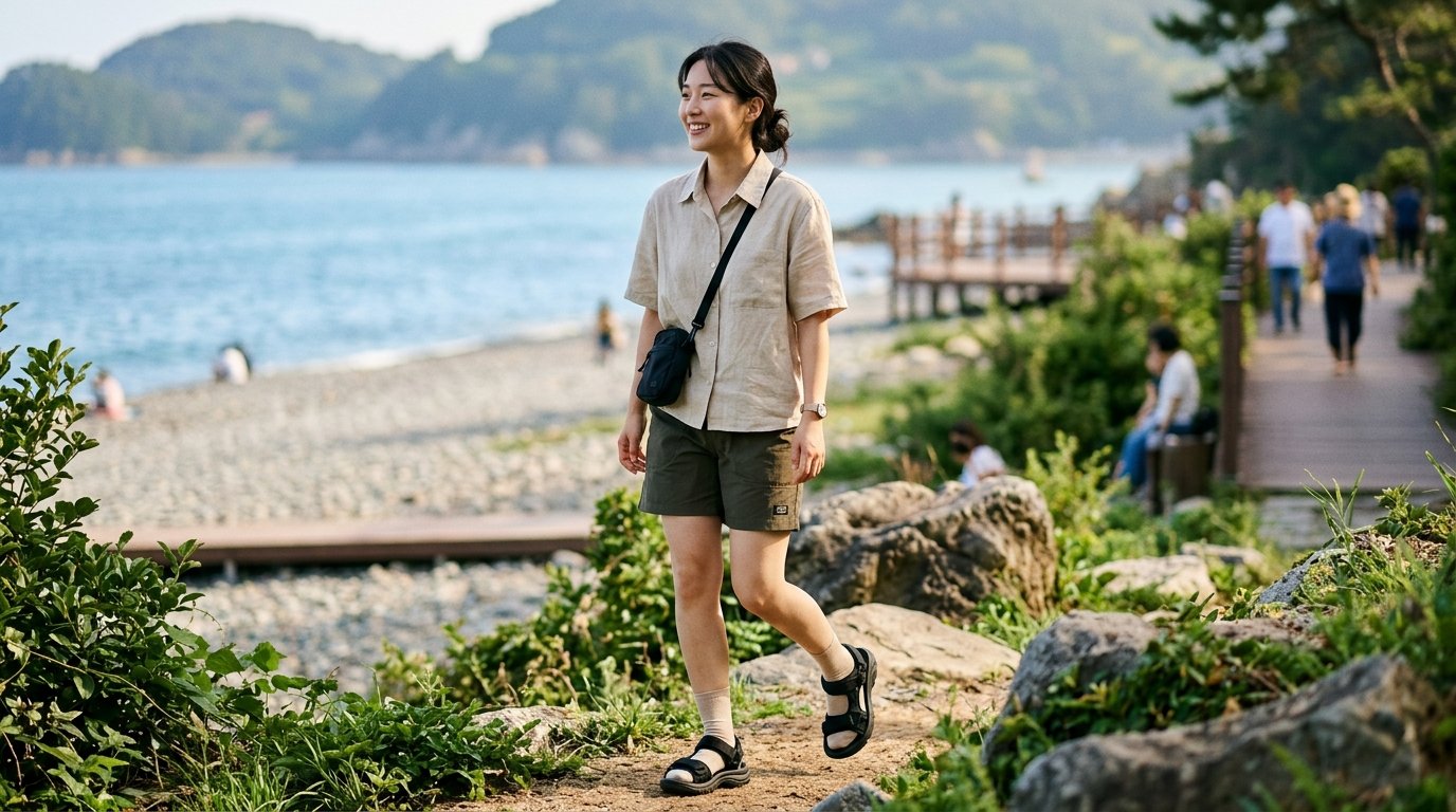 다양한 스포츠 샌들이 넓게 배치된 장면