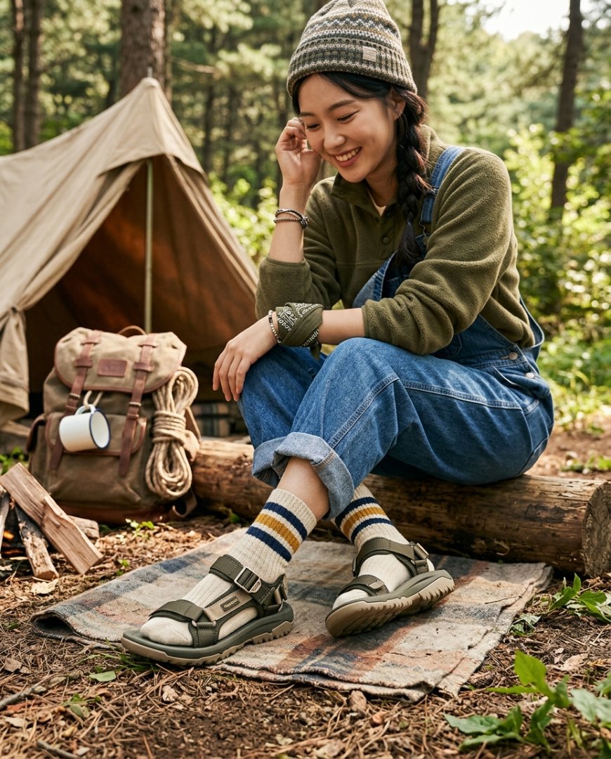 산길에서 여성용 스포츠 샌들을 신은 모습