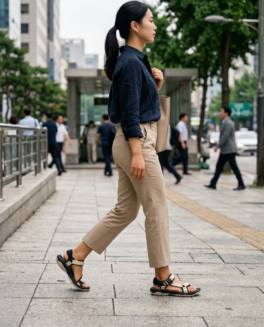 도심에서 여성용 블랙 샌들을 신은 모습