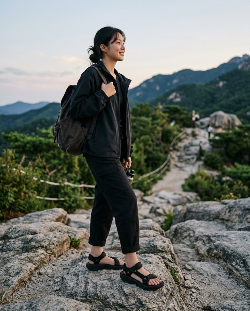 여행지에서 여성용 브라운 샌들을 신고 서 있는 모습