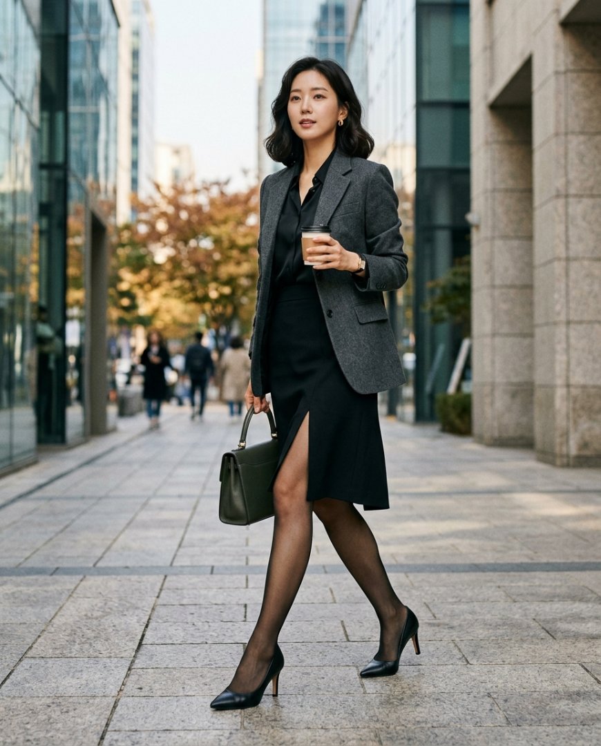도시 배경에서 블랙 자켓과 체크 셔츠를 입은 여성