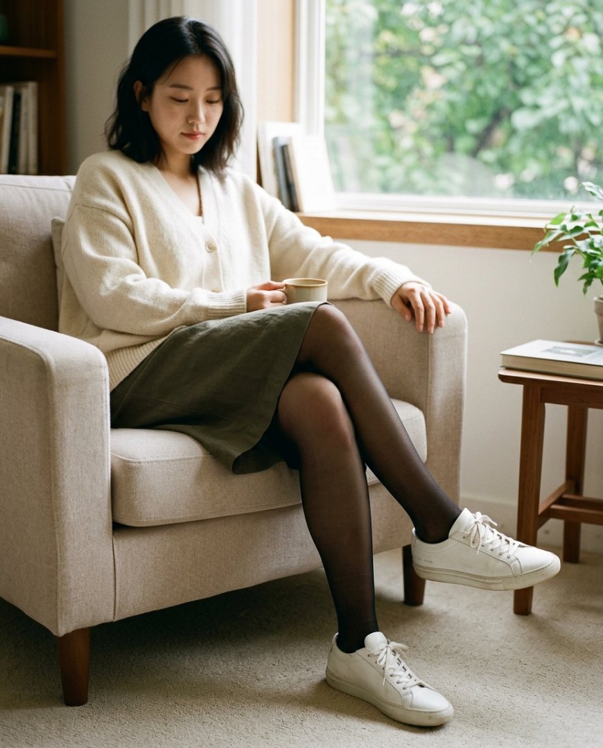 부드러운 조명 속 핑크 점퍼와 청바지를 보여주는 디테일