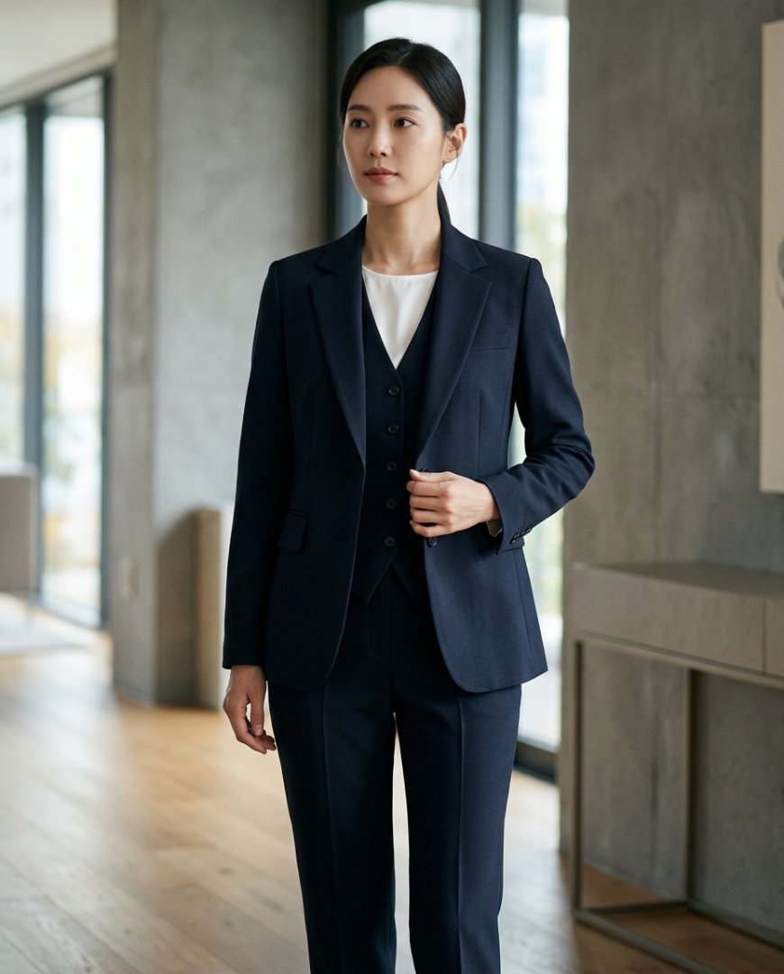 사무실에서 클래식한 정장을 입은 여성의 모습