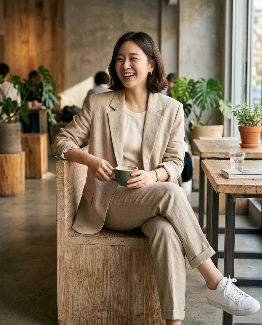 공원에서 캐주얼한 옷을 입은 여성의 모습