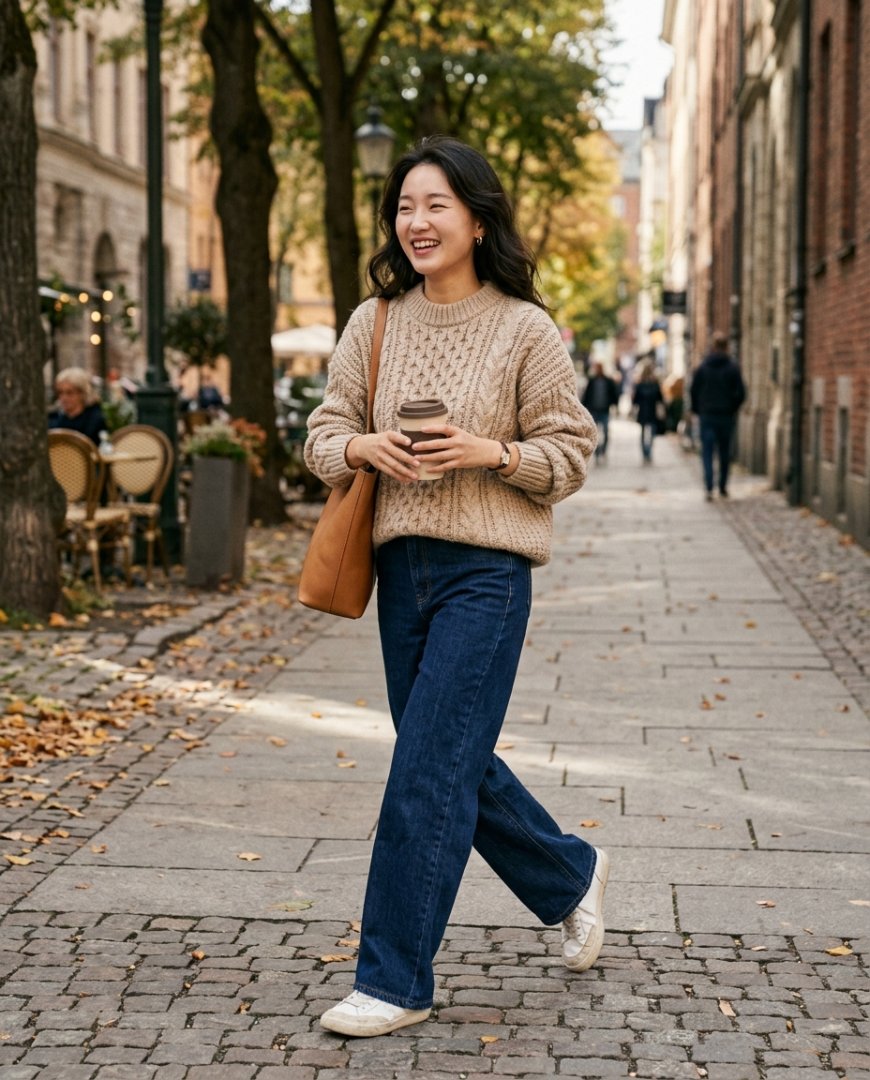 트렌치코트와 니트를 레이어드한 여성