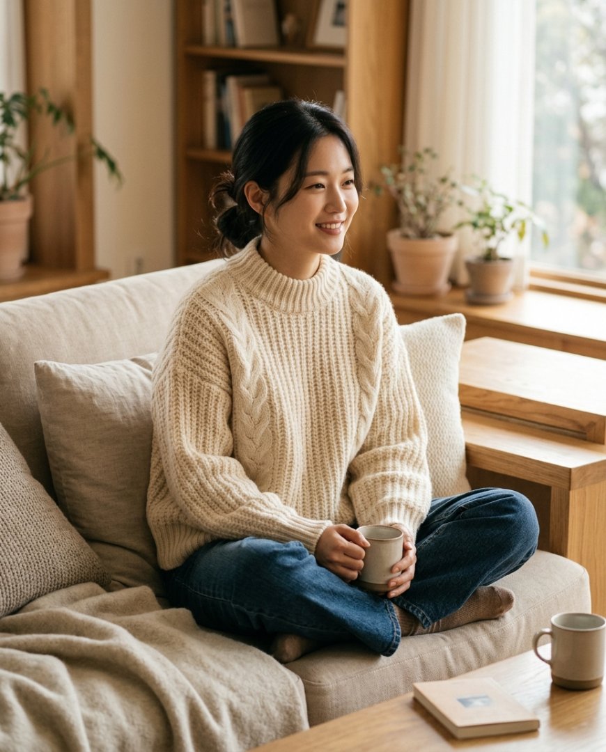 소파에 앉아 커피 마시며 니트를 걸친 여성