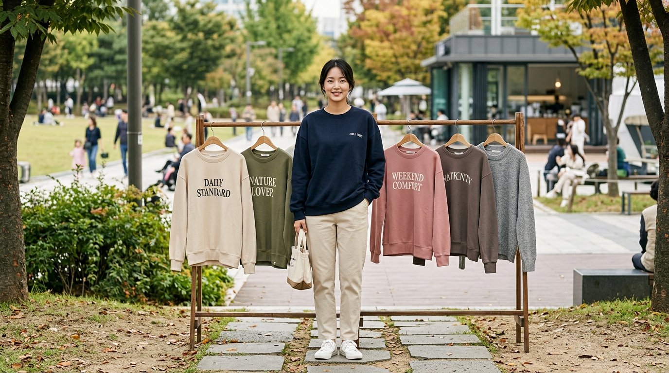 여성들이 도심에서 다양한 맨투맨 스타일로 서 있는 모습