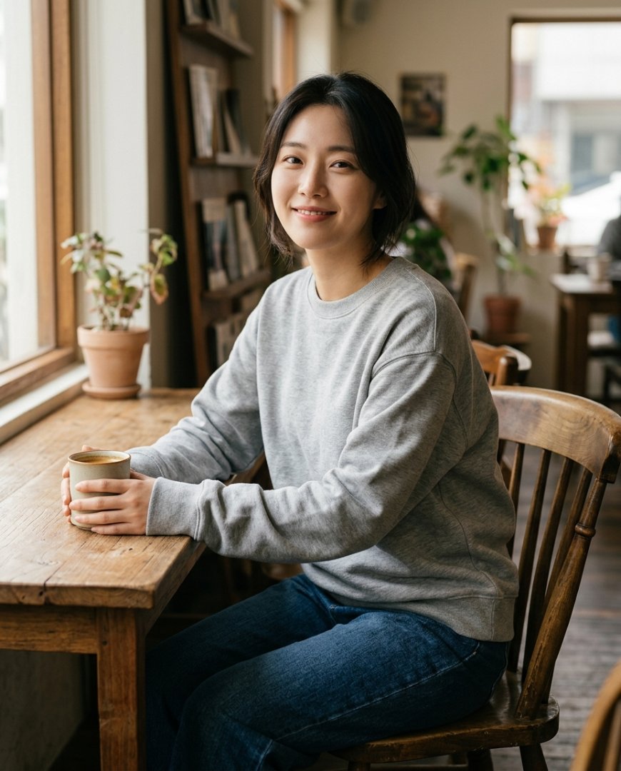 여성, 잔디밭 위 데님과 맨투맨 착용 장면