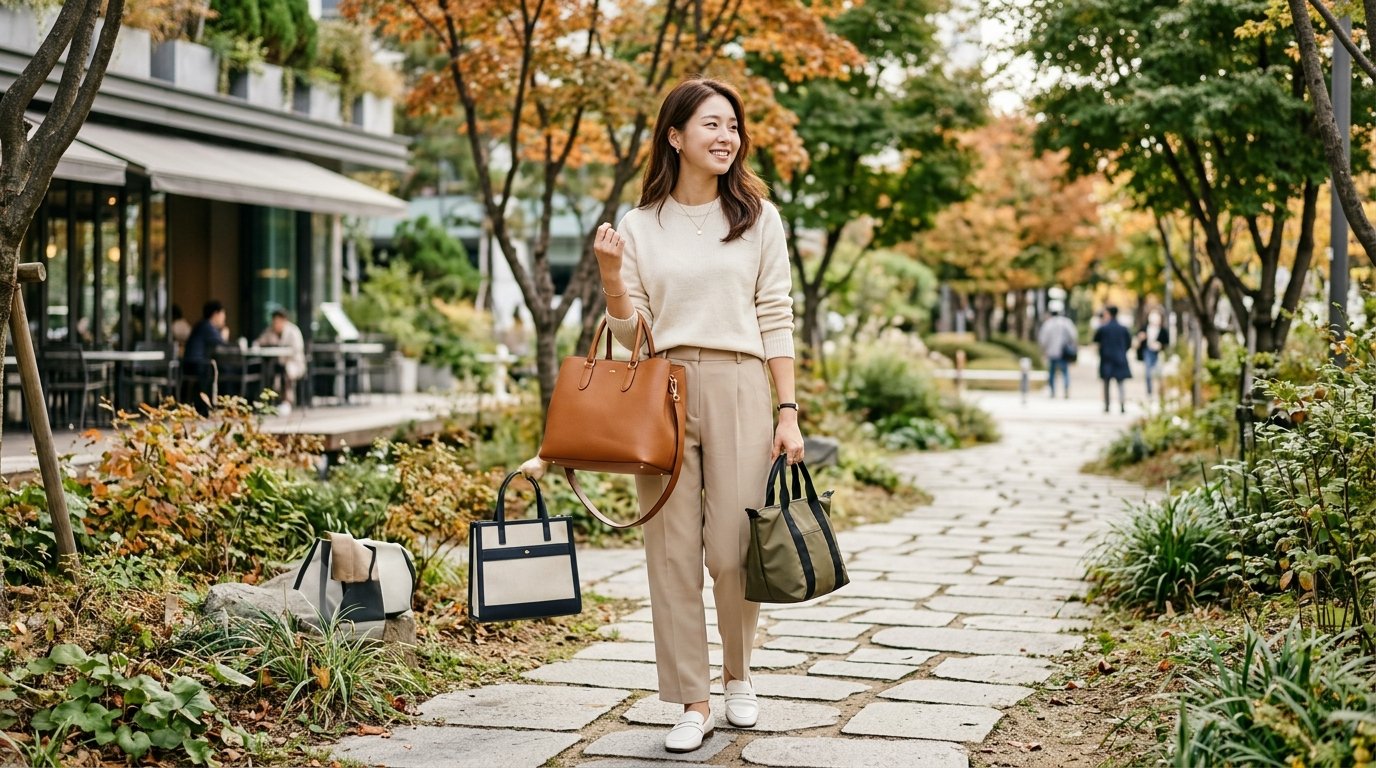 다양한 소재의 여성용 토트백이 선반에 정렬되어 있는 모습