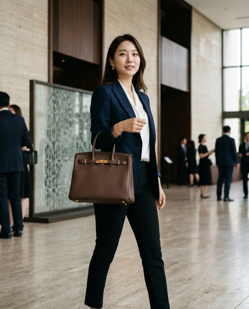 가죽 토트백과 슬랙스, 클래식 로퍼가 조화된 비즈니스 룩