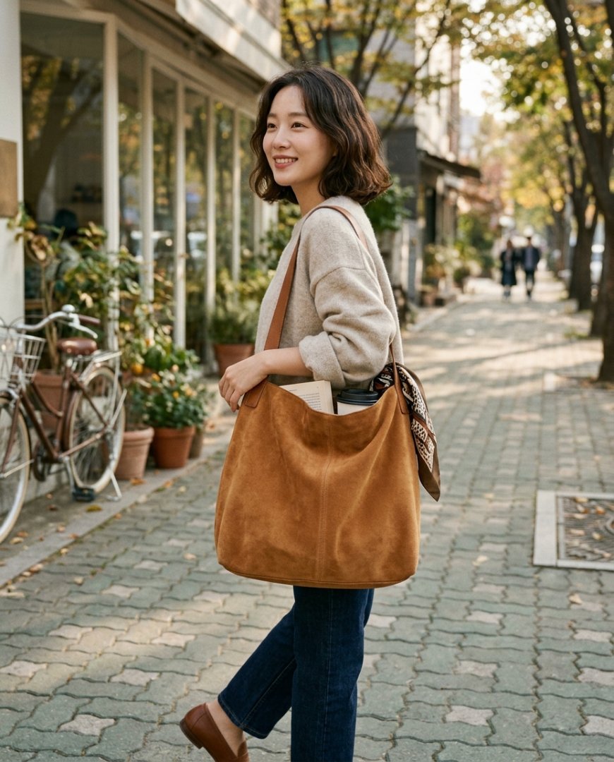 스웨이드 토트백과 데님, 니트를 매치한 캐주얼 스타일