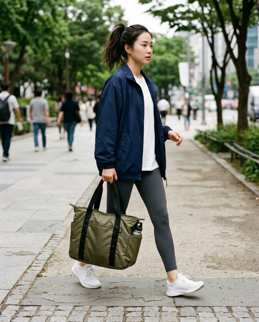 나일론 토트백과 레깅스, 스니커즈로 연출한 활동적인 스타일