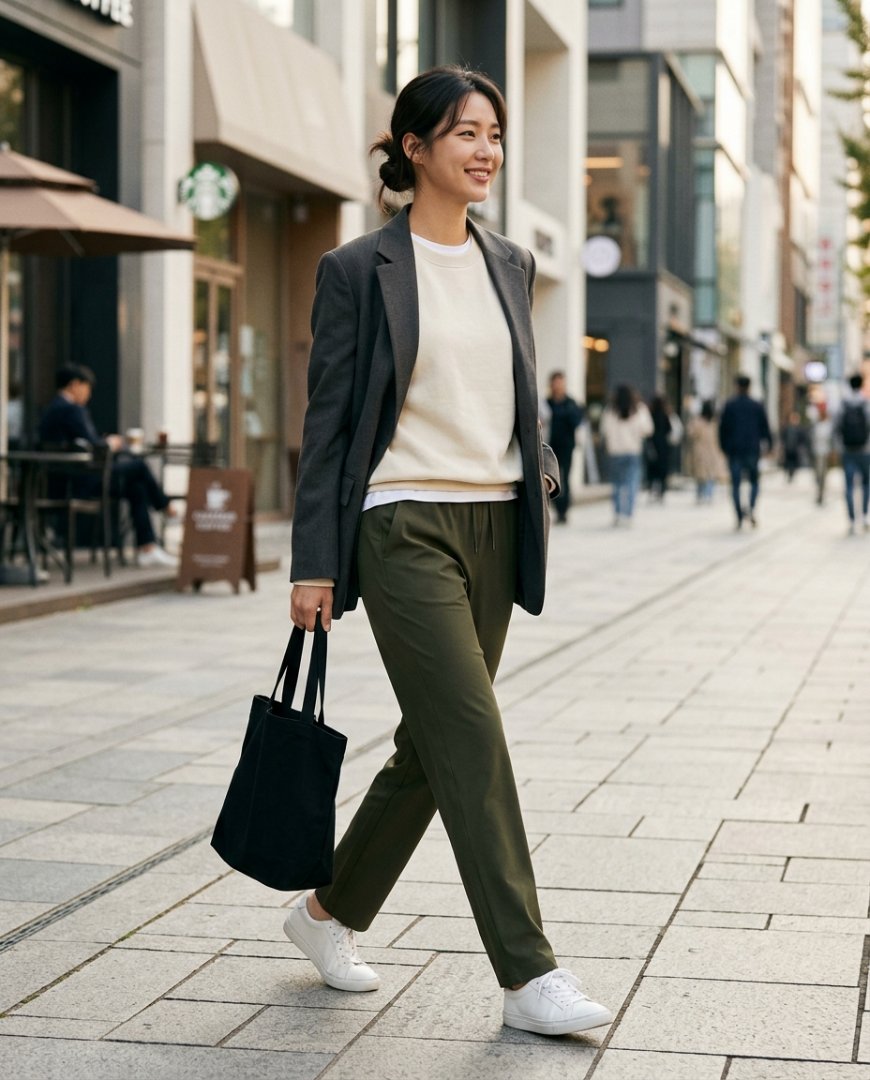 테일러드 셔츠와 로퍼를 매치한 팬츠 스타일