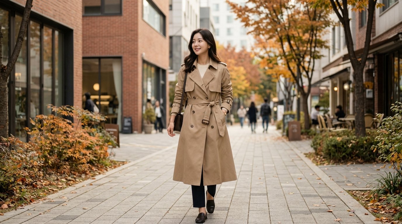도심 속에서 트렌치코트를 입은 여성 모델들이 함께 서 있는 장면