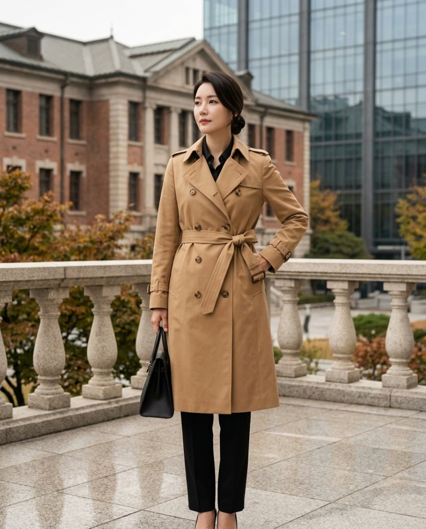 베이지 트렌치코트를 입고 카페에서 책을 읽는 모습