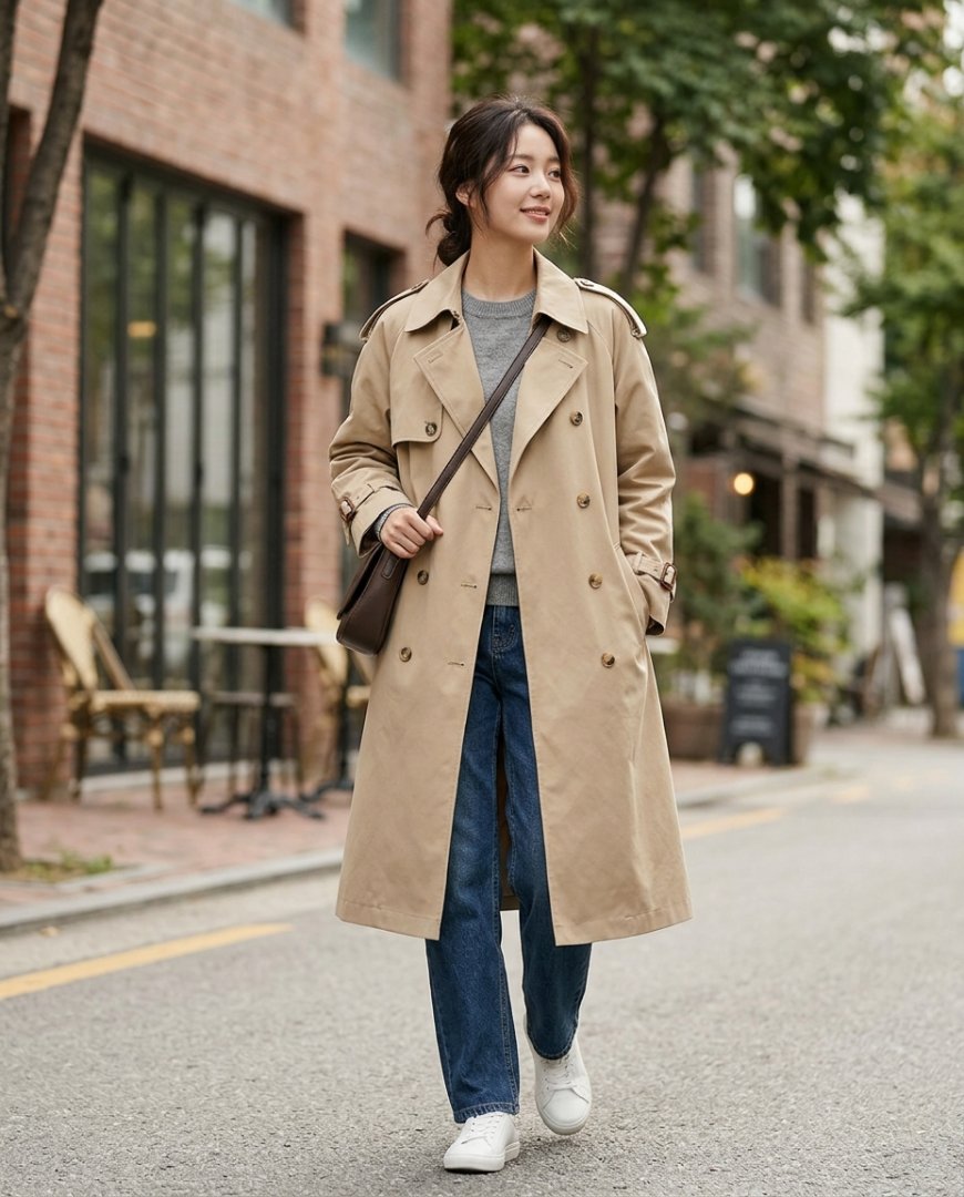 브라운 트렌치코트를 입고 공원에서 산책하는 모습