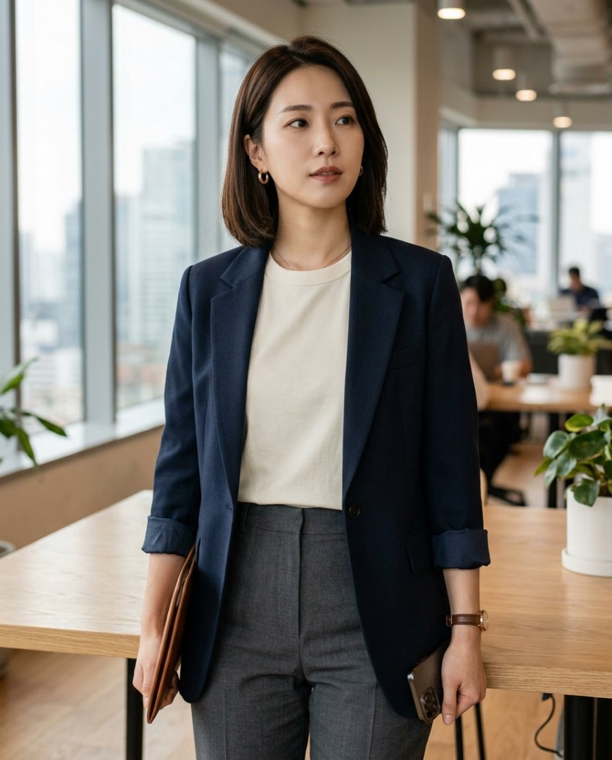 티셔츠와 블레이저를 착용한 여성의 세미 포멀 룩