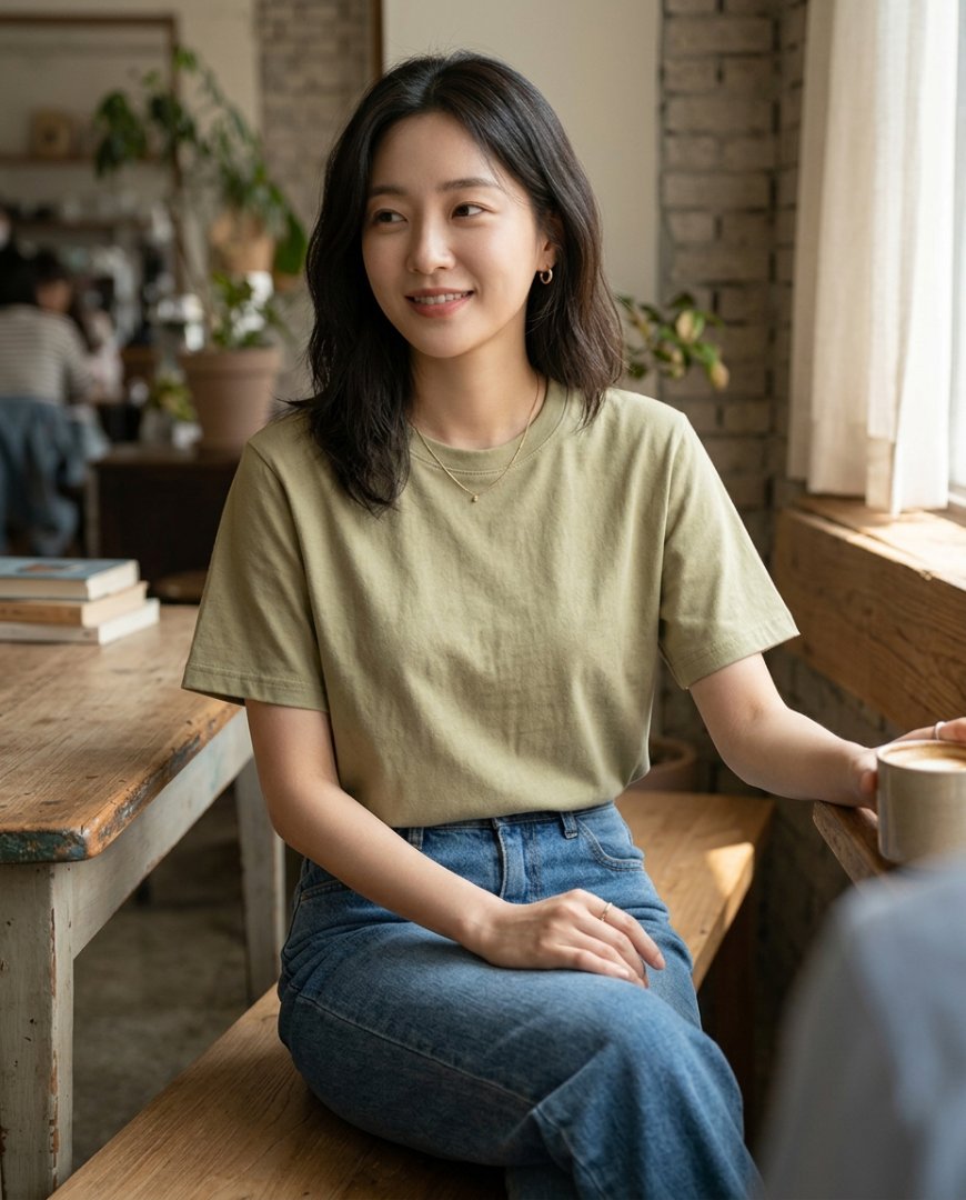 티셔츠와 데님, 스니커즈로 구성된 캐주얼 룩을 입은 여성
