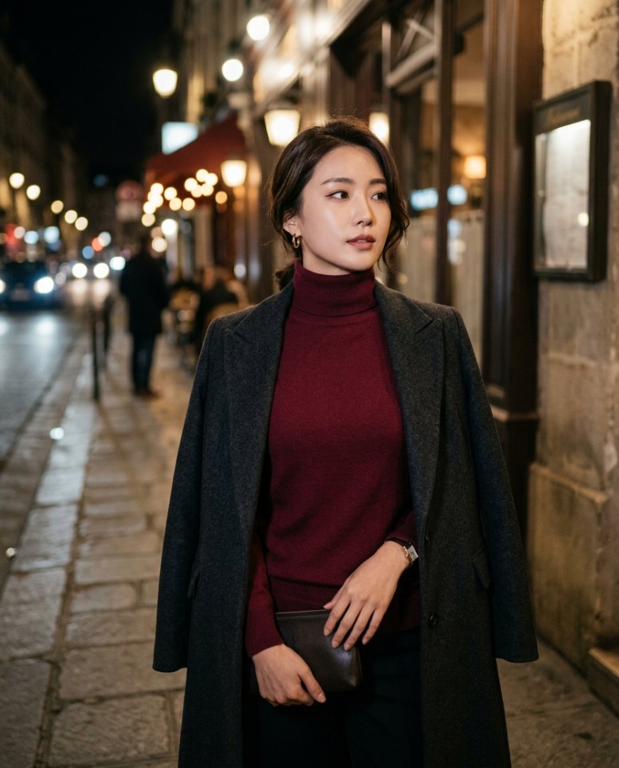 저녁 광장에서 조명 속에 서 있는 여성