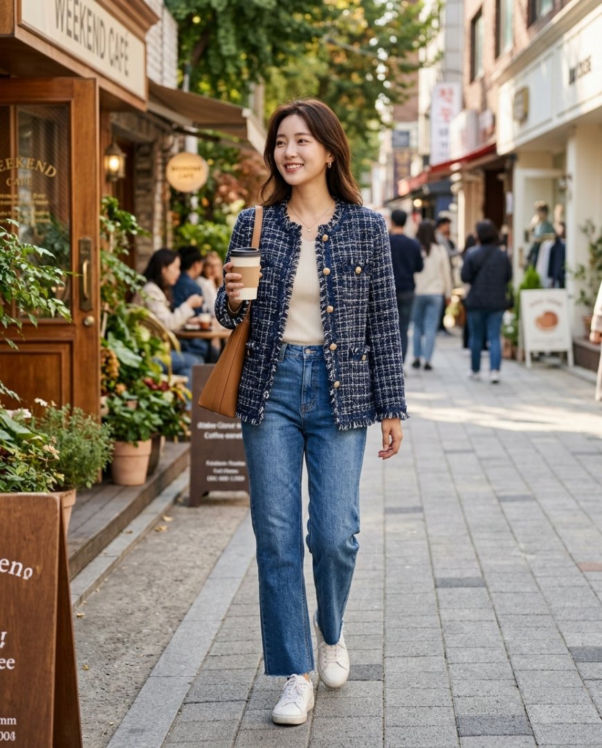 네이비 트위드 자켓을 입고 도시 거리를 걷는 여성