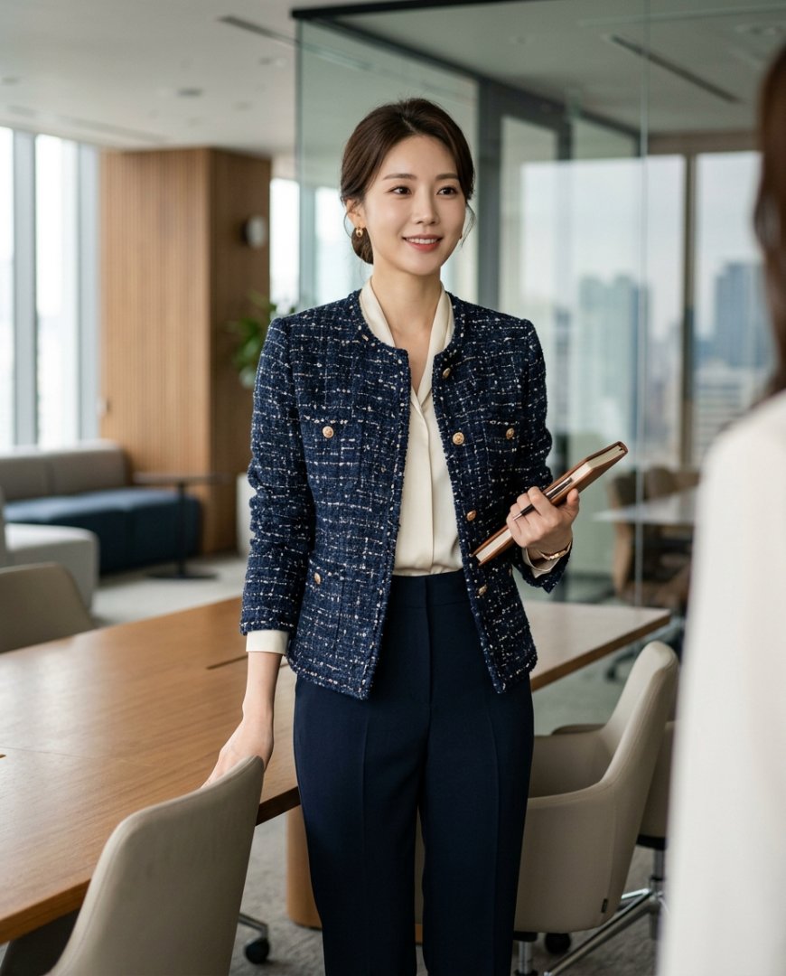 핑크 트위드 자켓을 입은 여성이 회의실에서 노트북으로 작업