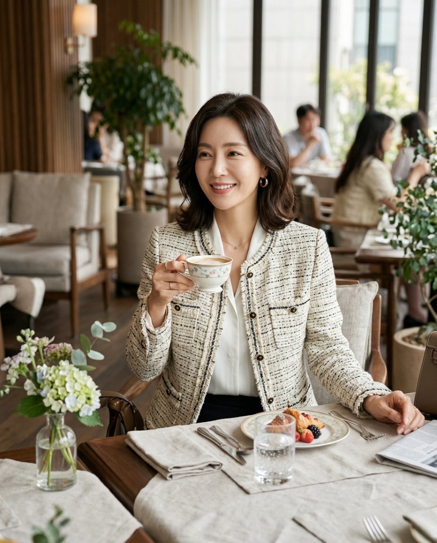 브런치 식사 자리에서 그레이 트위드 자켓을 입고 있는 여성