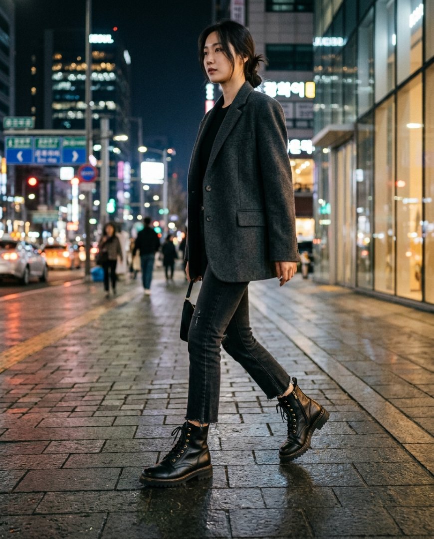 도시 야경을 배경으로 블랙 드레스에 워커를 착용한 여성