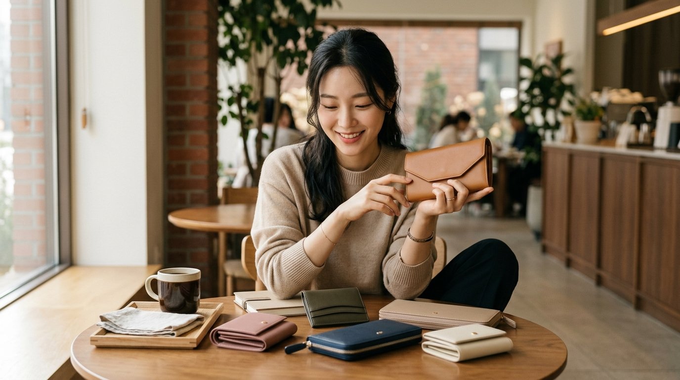 여성용 가죽 지갑이 테이블 위에 다양한 색상으로 배열되어 있습니다.