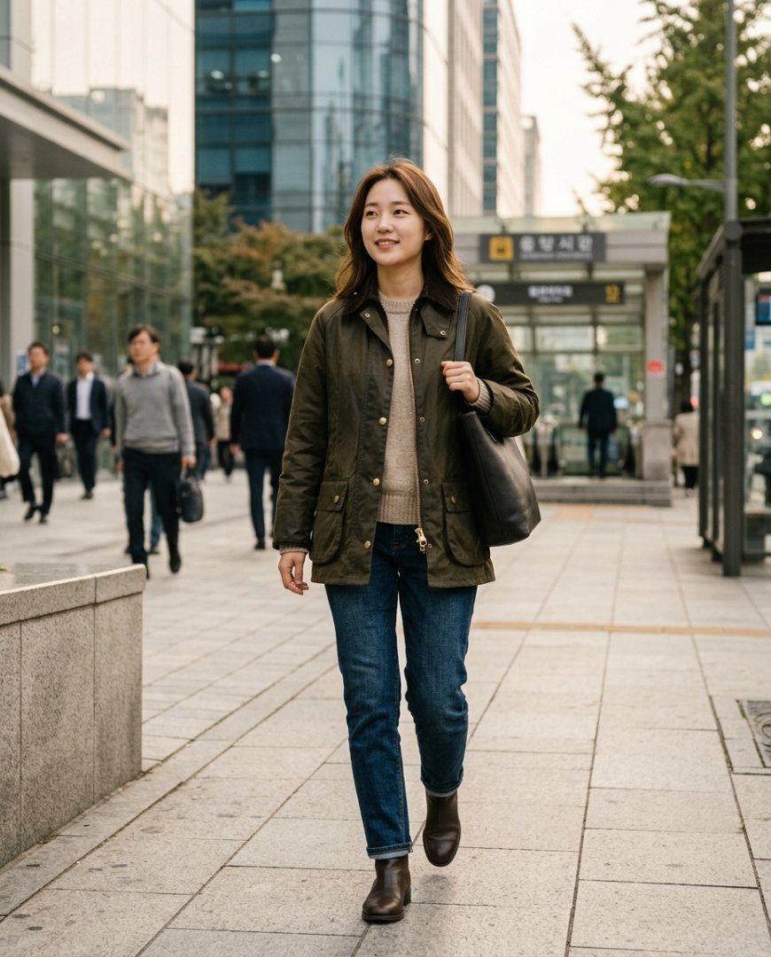 왁스 자켓을 입은 모델이 도심 거리에서 포즈를 취하고 있는 모습