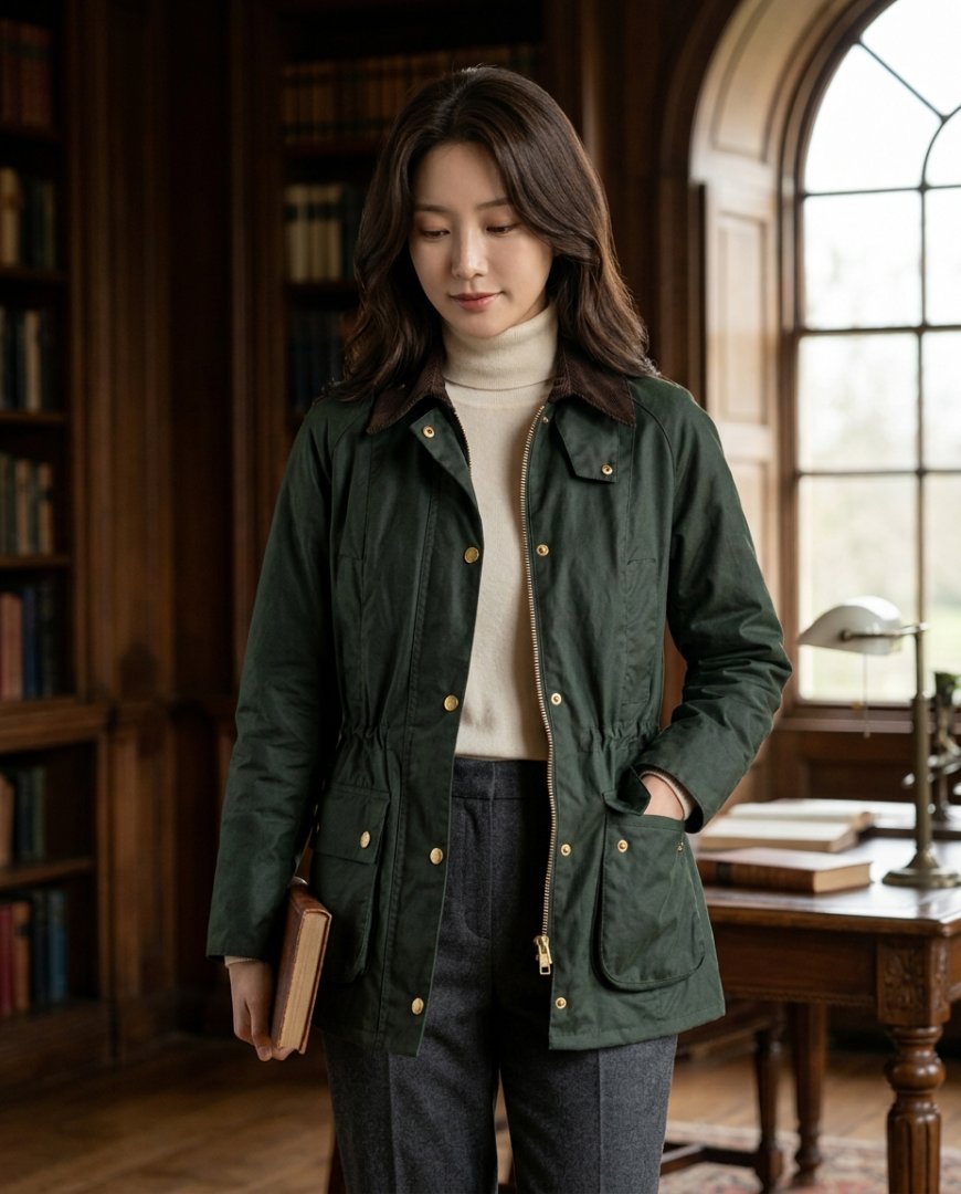 왁스 자켓과 원피스를 매치한 세련된 스타일의 모습