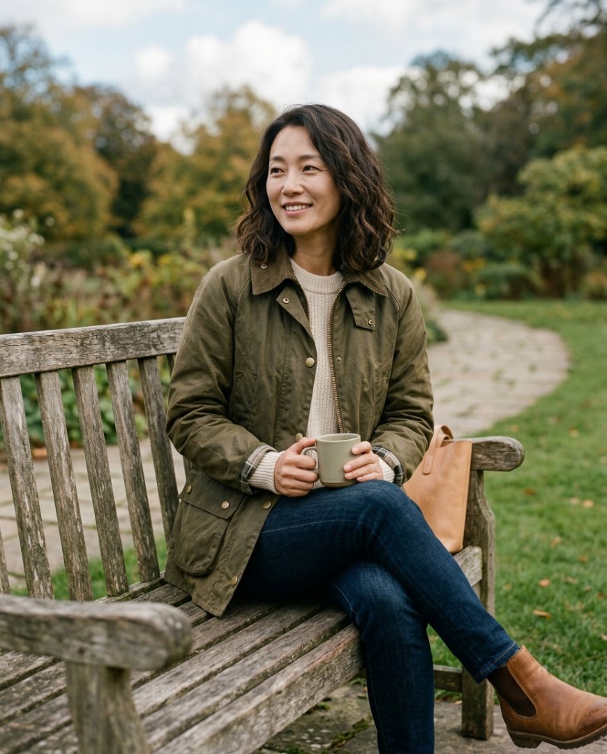 왁스 자켓을 입고 공원에서 여유로운 시간을 보내는 사람들