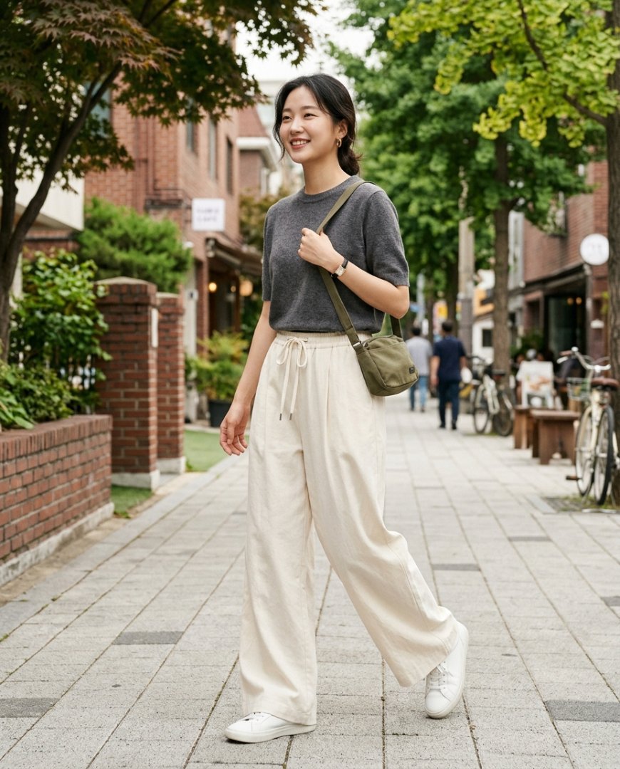 소파에서 와이드팬츠를 입고 있는 여성