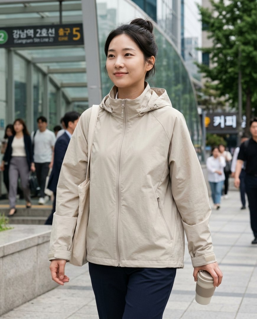 출근하는 여성들이 바람막이를 입고 걷고 있는 모습