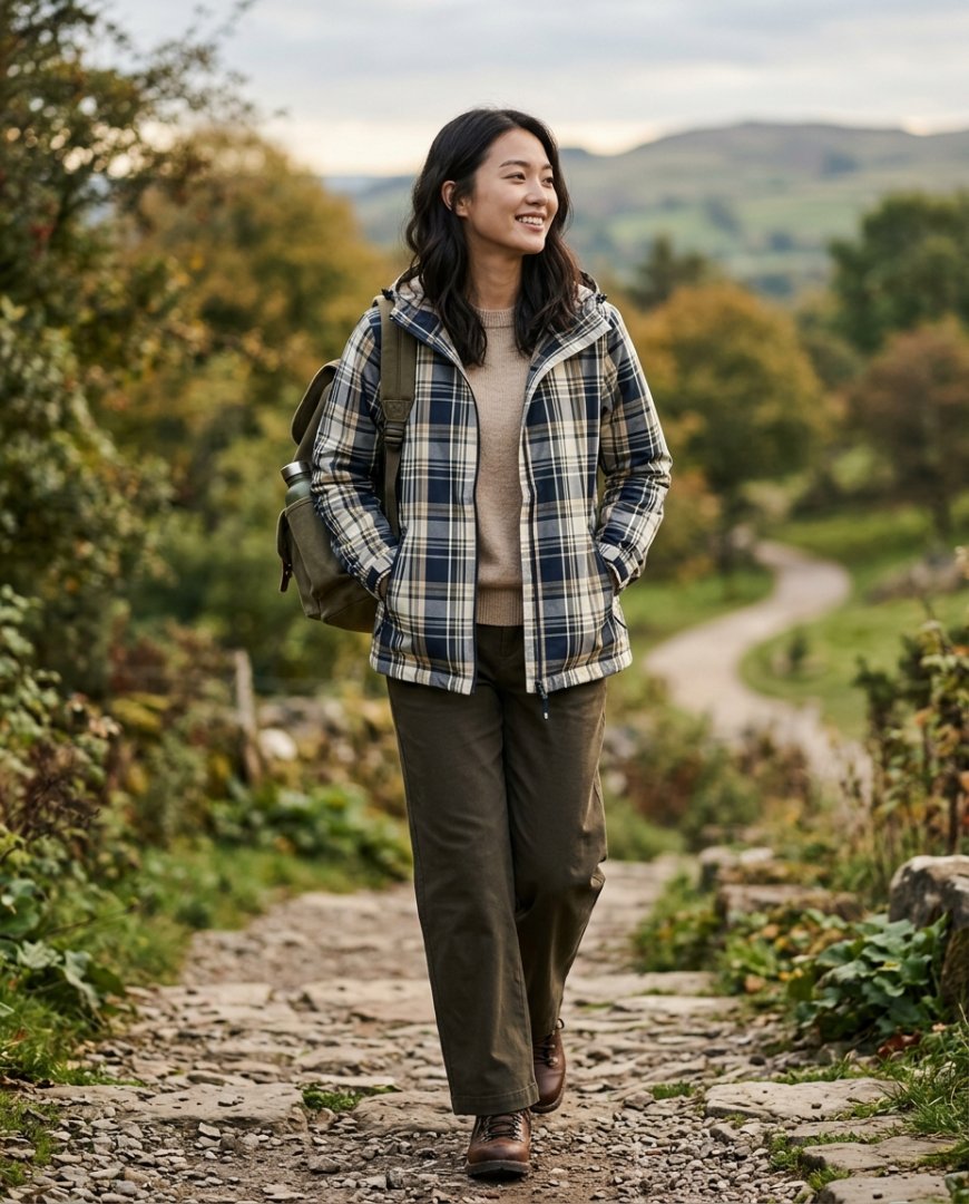 자연 속에서 바람막이를 입고 있는 여행객
