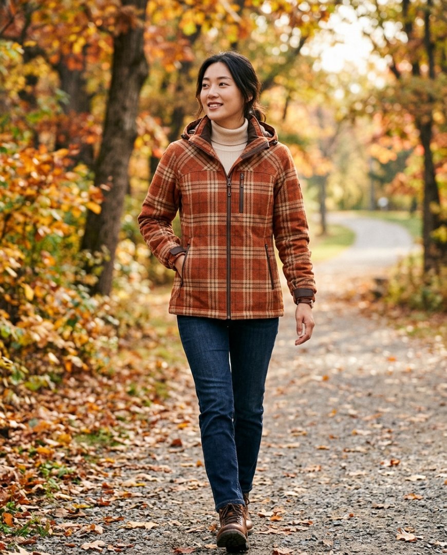 가을 풍경 속에서 바람막이를 걸친 사람