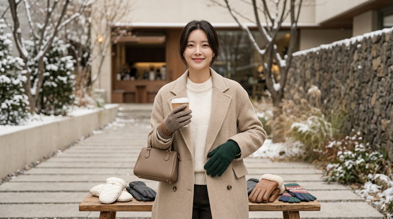다양한 여성용 방한장갑이 진열된 매장에서 촬영한 장면입니다.