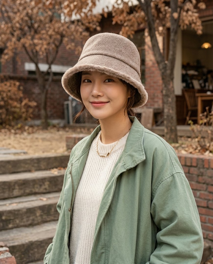 데님 재킷과 모자를 착용한 캐주얼 스타일의 인물.