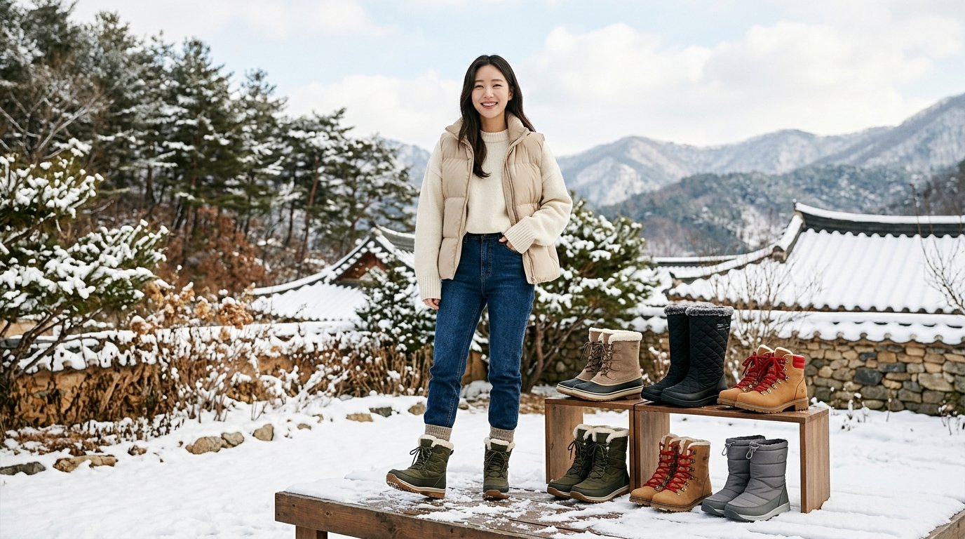 눈 내린 도시에서 다양한 방한화를 착용한 여성들