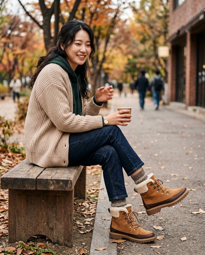 캐주얼한 스타일의 방한화를 신은 여성